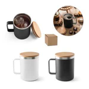 LAUDA. Mug en acier inoxydable recyclé à 90% avec couvercle en bambou 420 mL
