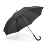 Parapluie noir avec manche bleu et poignée courbée