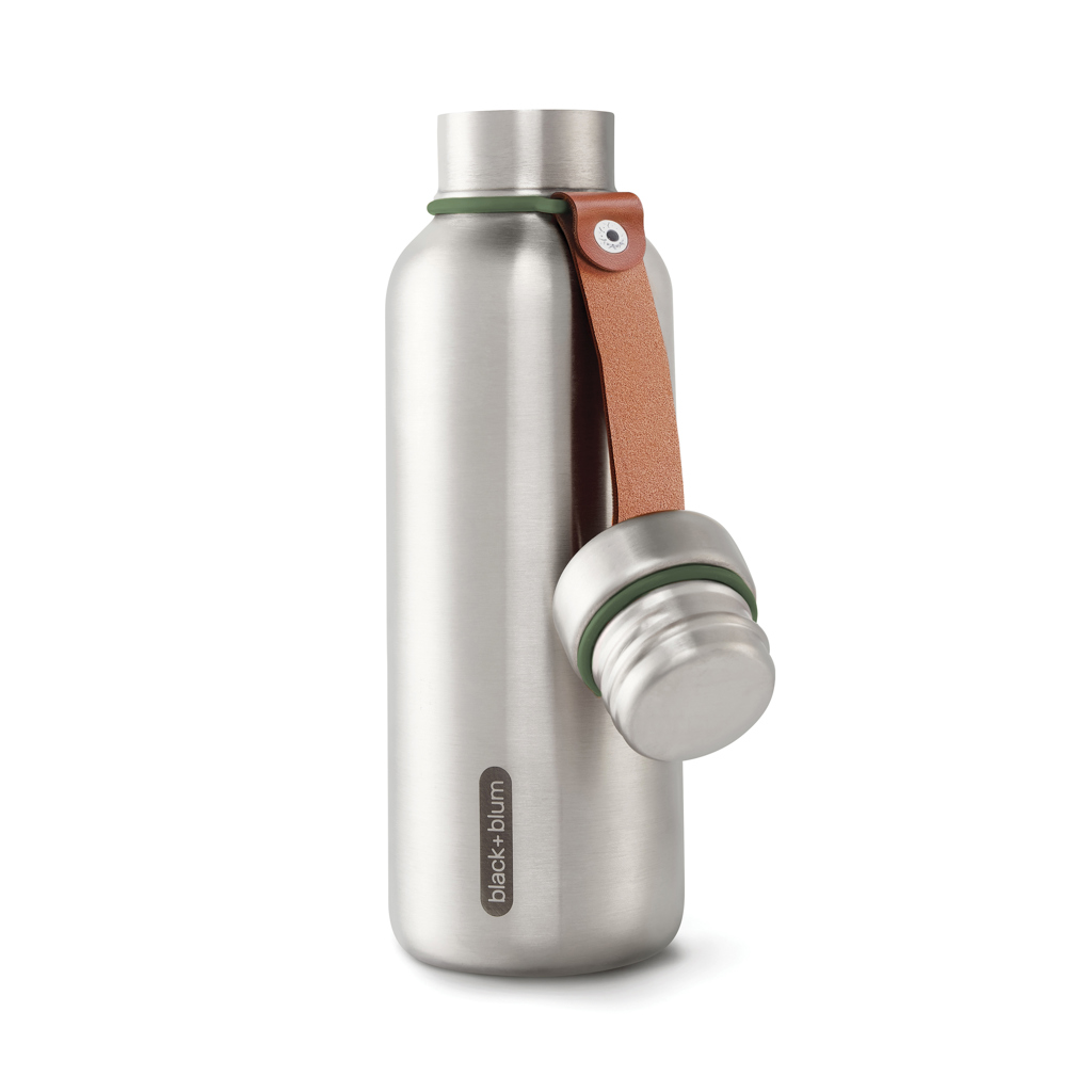 Gourde inox avec anse en cuir marron