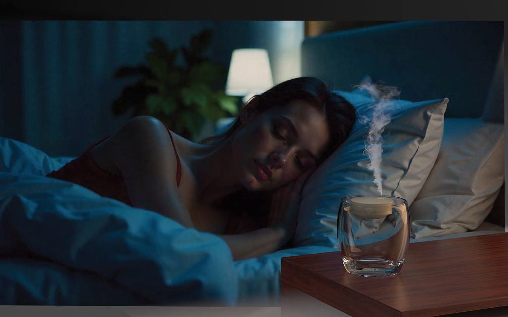 Femme dormant près d’un diffuseur de brume