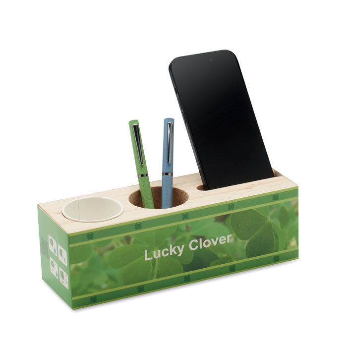 Organiseur de bureau en bois avec téléphone et stylos