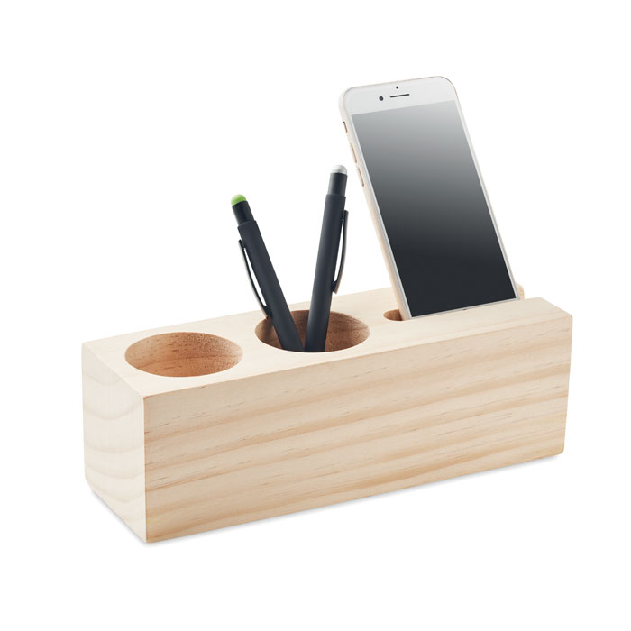 Support en bois pour téléphone et stylos