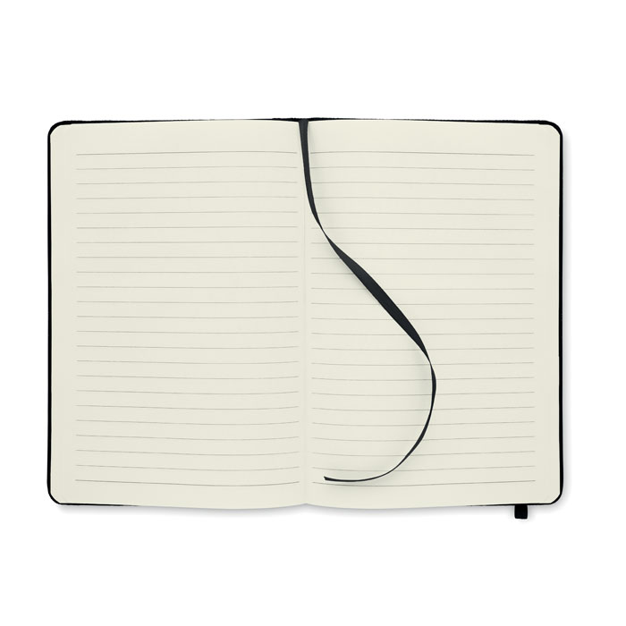 Carnet ouvert avec pages lignées et ruban noir