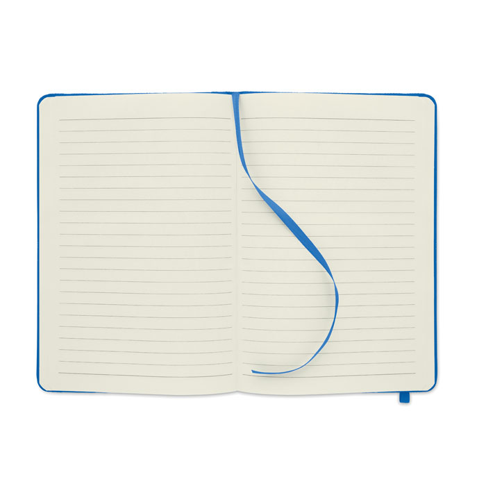 Carnet ouvert avec ruban bleu et lignes.