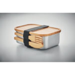 Boîte repas inox couvercle bambou avec couverts.