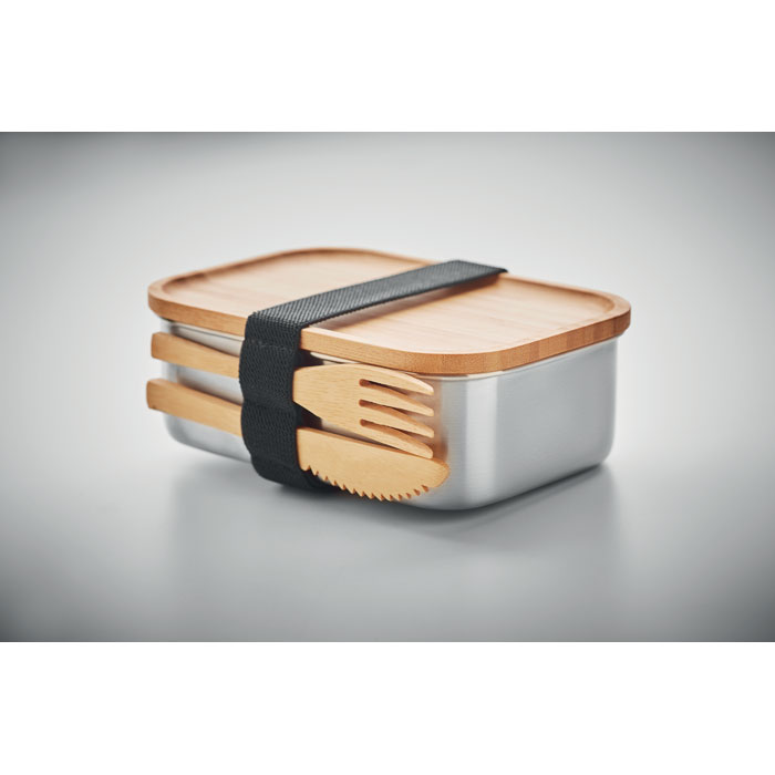 Boîte repas inox couvercle bambou avec couverts.