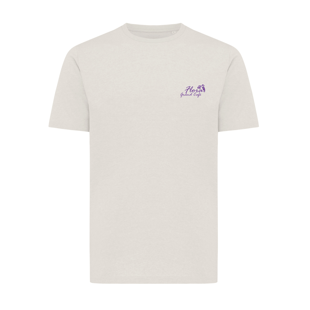 T-shirt beige avec logo violet sur la poitrine
