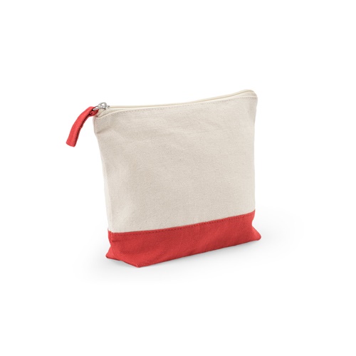 Trousse en toile beige et rouge avec fermeture éclair