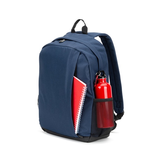 Sac à dos bleu avec carnet et gourde rouge