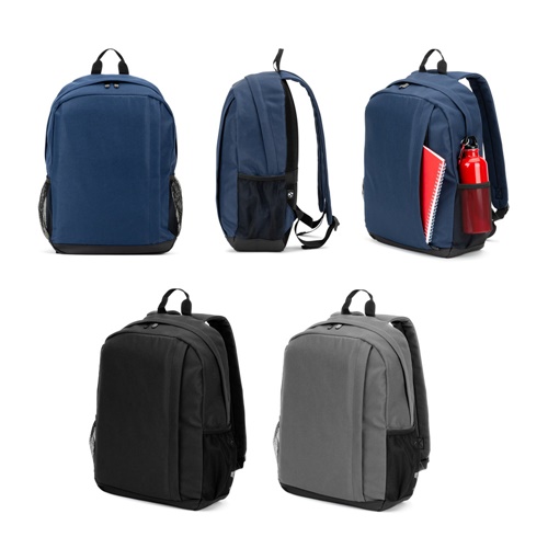 Cinq sacs à dos colorés avec poches latérales.