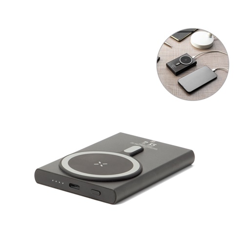 Batterie externe sans fil noire avec chargement USB-C