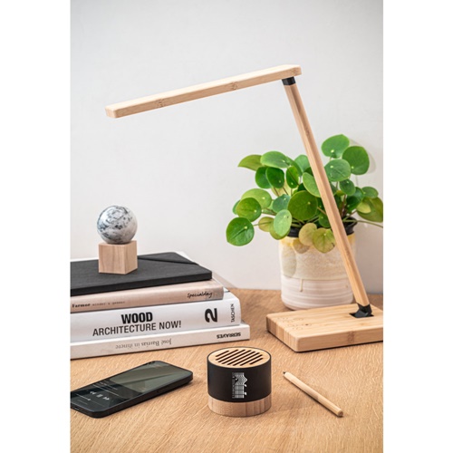 Bureau moderne avec lampe en bois et plante verte