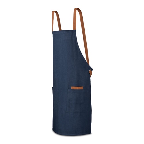 Tablier de cuisine bleu avec poches et sangles marron