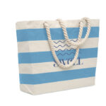 Sac de plage rayé bleu et blanc.