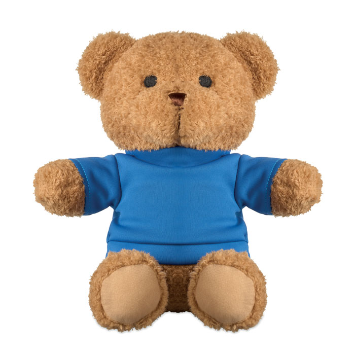 Ourson en peluche brun portant un t-shirt bleu
