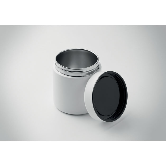 Bocal métallique blanc avec couvercle noir ouvert