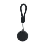 Porte-clés noir rond avec cordon.