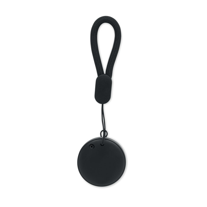 Porte-clés noir rond avec cordon.
