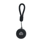 Porte-clés rond noir avec cordon.