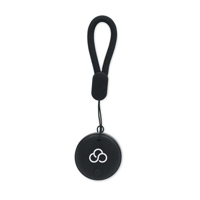 Porte-clés rond noir avec cordon.