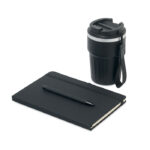 Carnet noir avec stylo et gobelet réutilisable