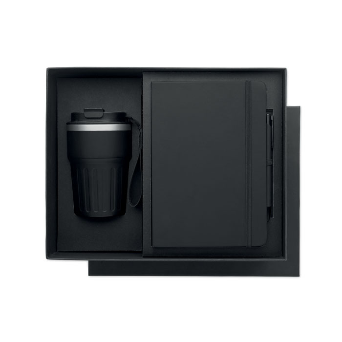 Coffret noir avec mug, carnet et stylo