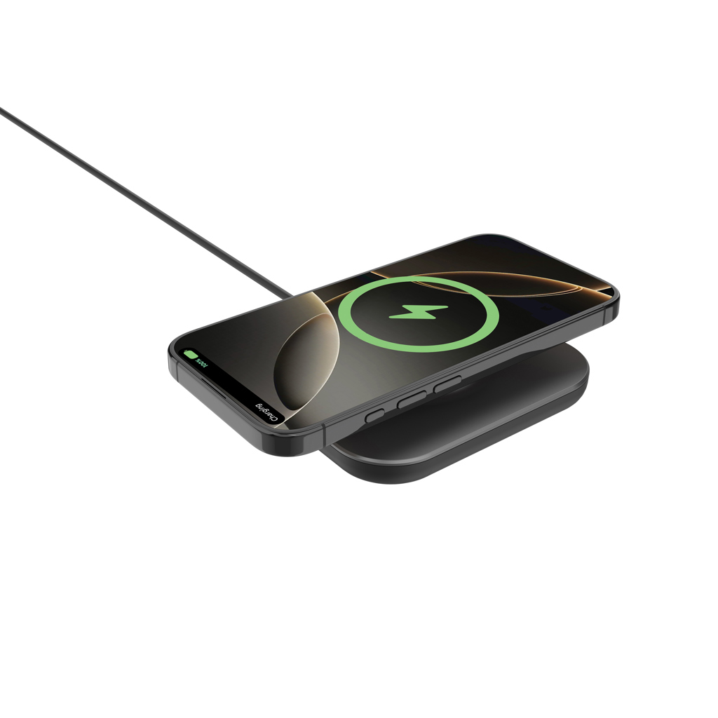 Smartphone en charge sur socle sans fil noir