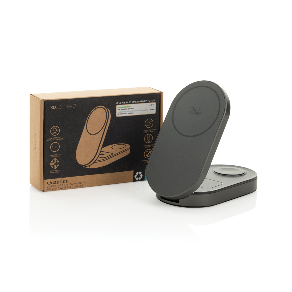 Chargeur sans fil pliable noir avec emballage.