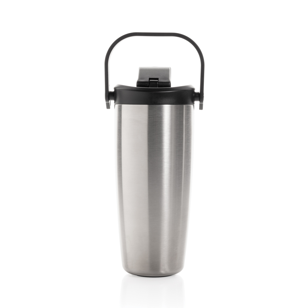 Gobelet isotherme en acier inoxydable avec poignée.