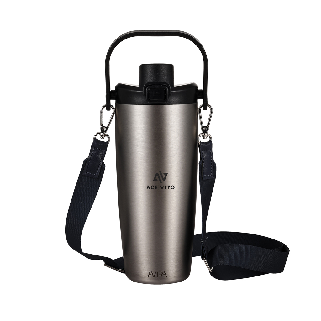 Gourde isotherme en acier avec sangle noire