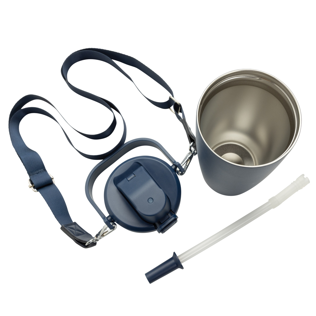 Gourde isotherme bleue avec sangle et paille.