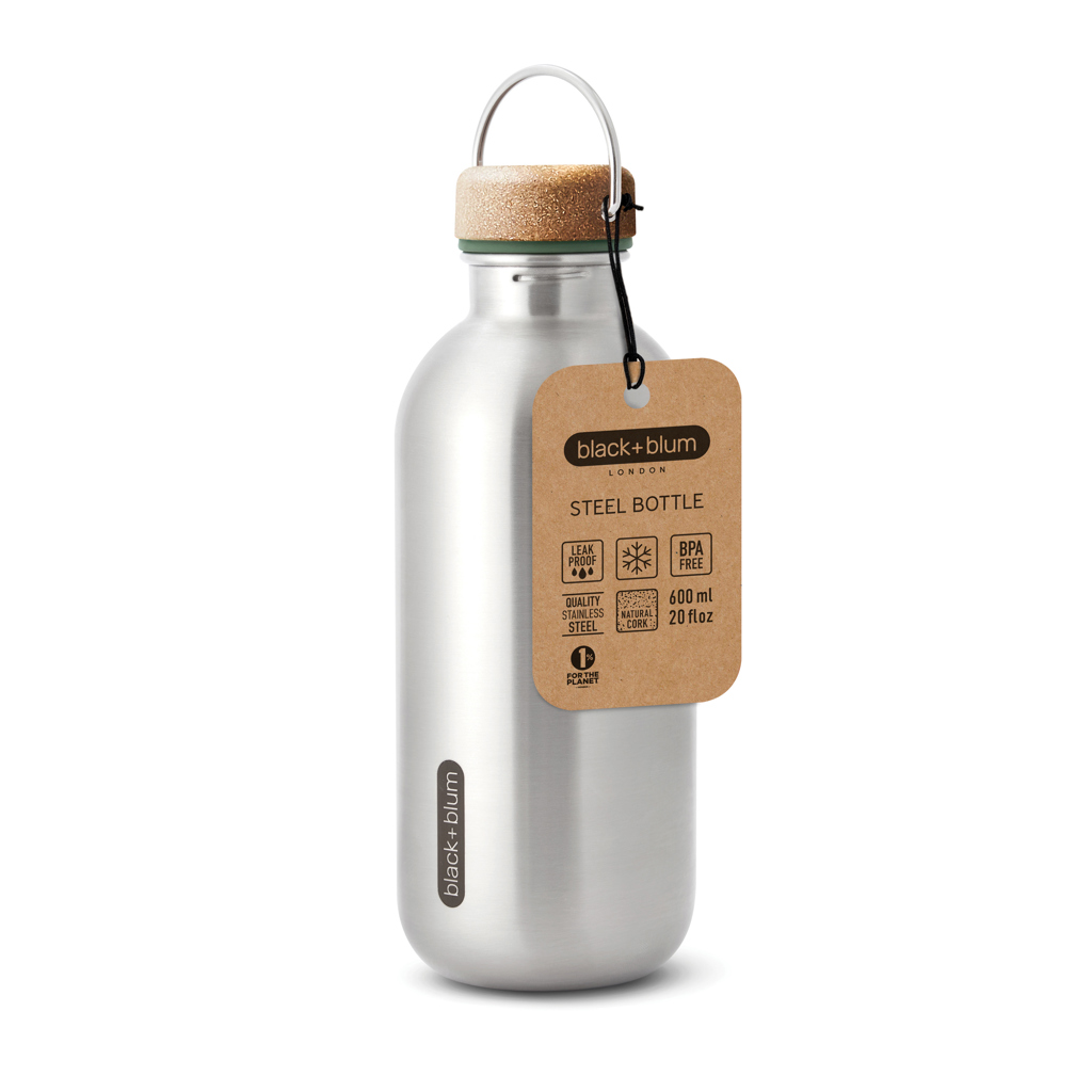 Gourde en acier inoxydable avec bouchon en liège.
