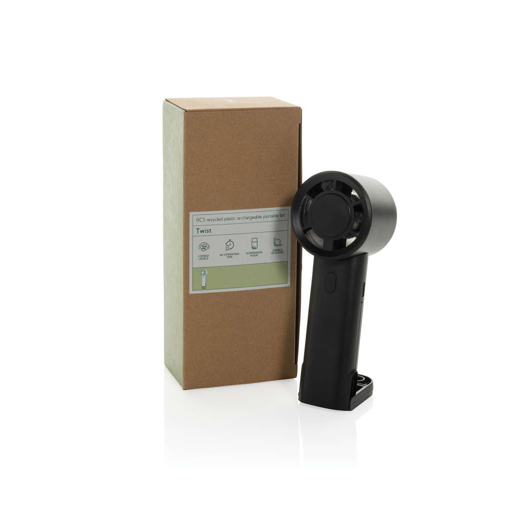 Ventilateur portable noir avec emballage écologique.