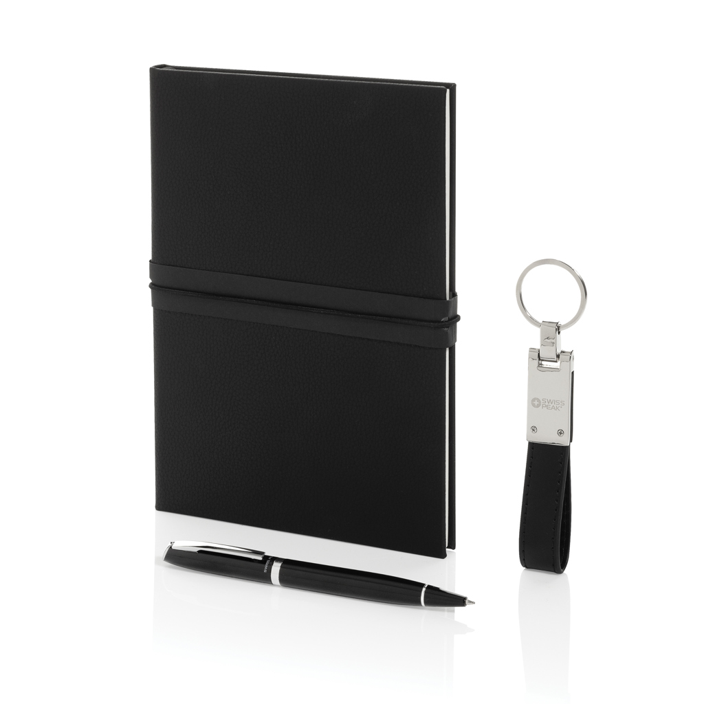 Cahier noir avec stylo et porte-clés assortis
