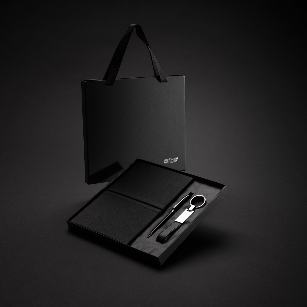 Coffret cadeau noir avec carnet, stylo et porte-clés