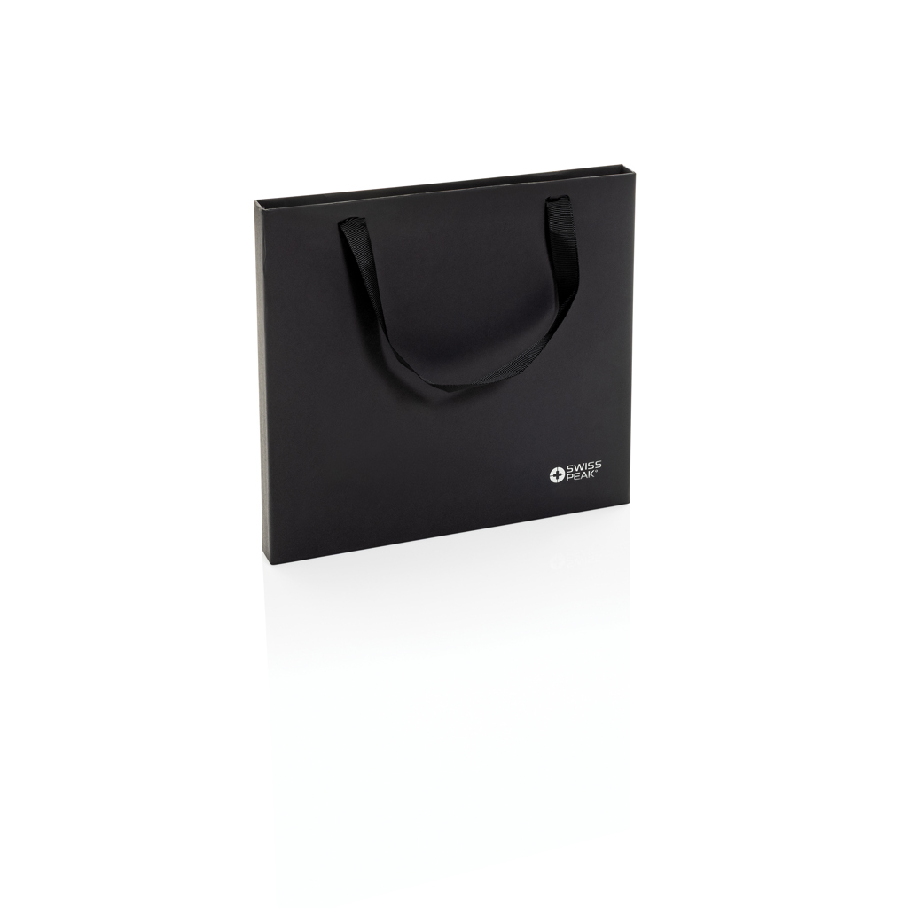 Sac cadeau noir élégant avec poignées.