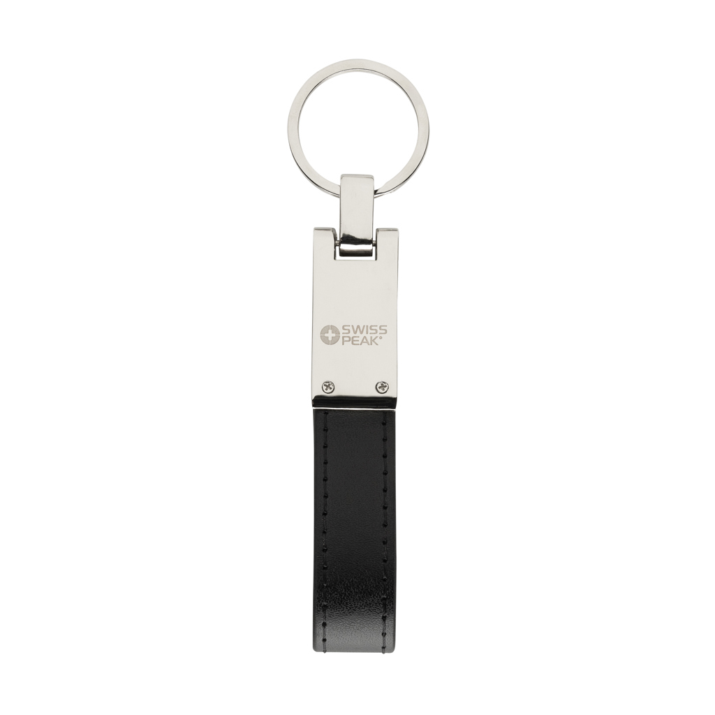 Porte-clés métallique avec lanière en cuir noir