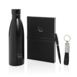 Coffret cadeau noir avec gourde, carnet, stylo, porte-clés