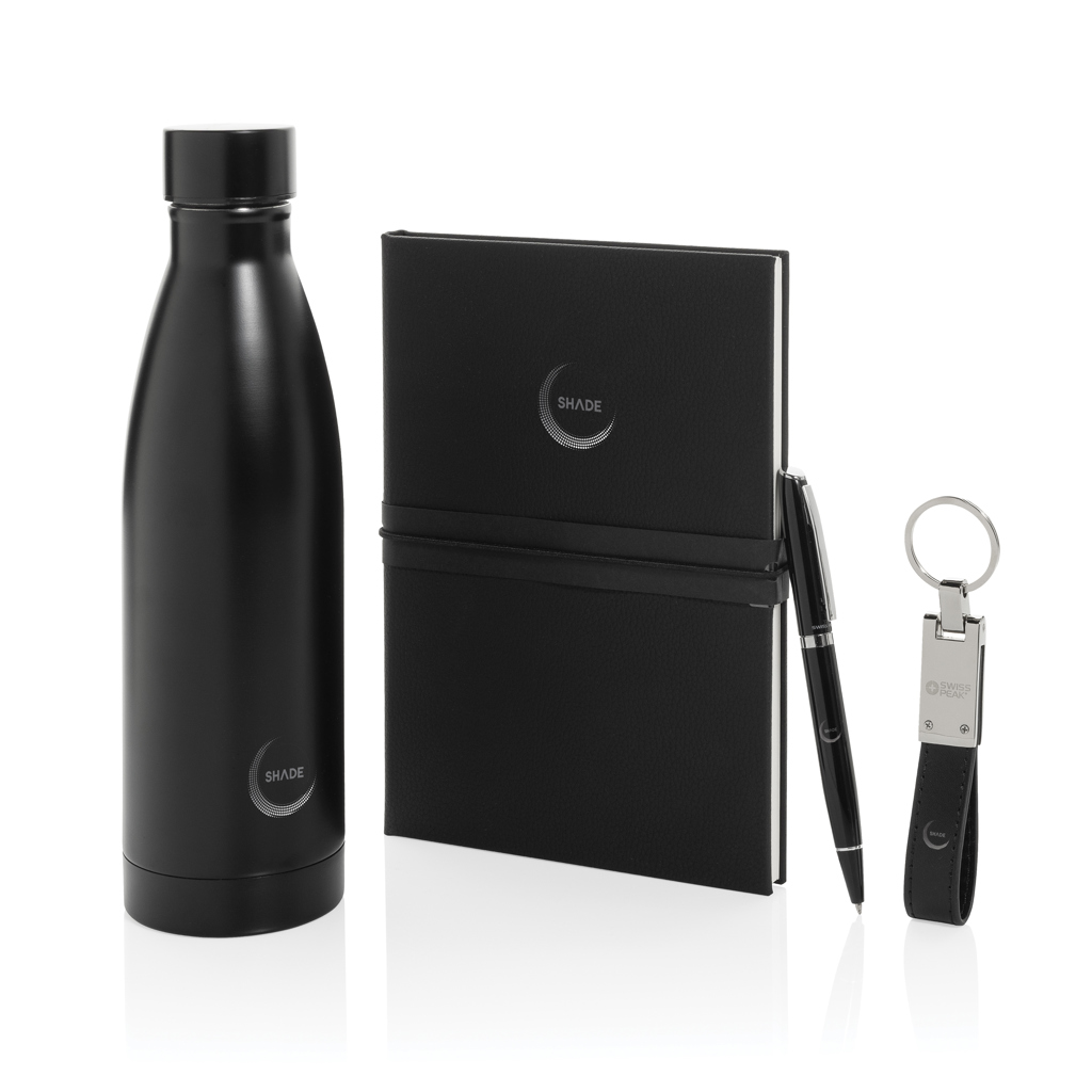 Coffret cadeau noir avec gourde, carnet, stylo, porte-clés