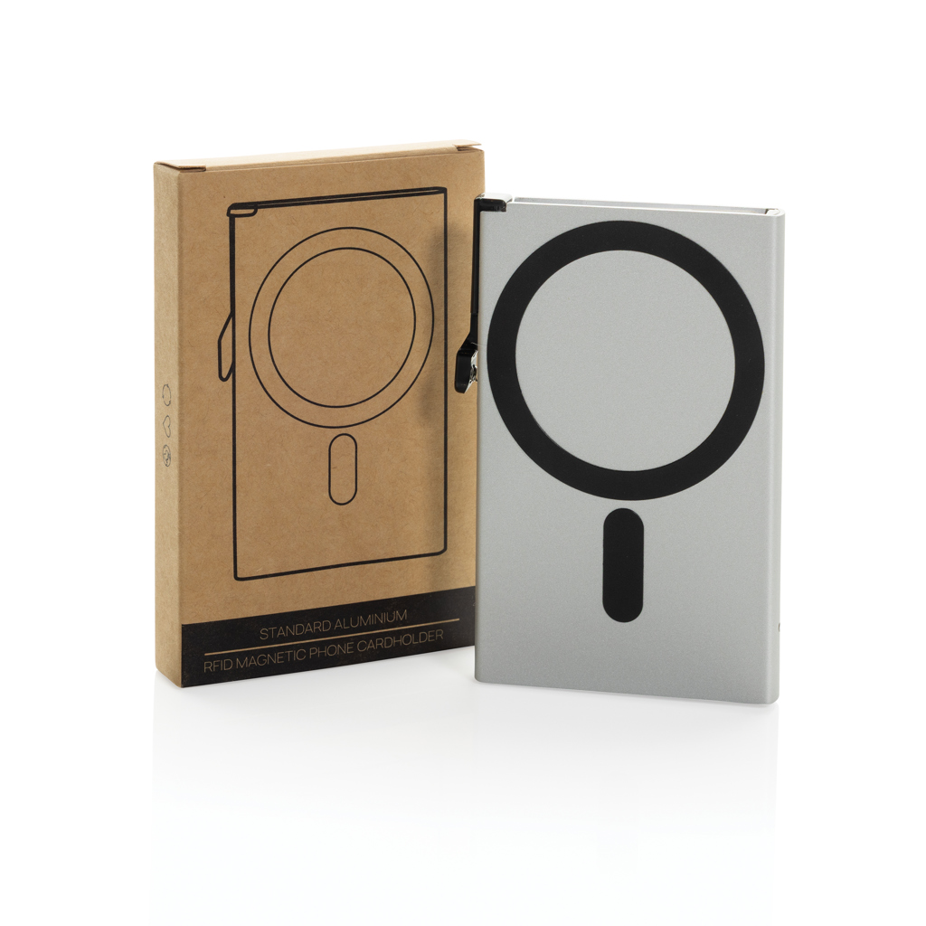 Porte-cartes aluminium magnétique RFID argenté avec emballage.
