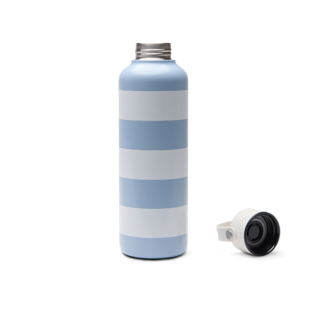 Gourde rayée bleue et blanche avec bouchon ouvert