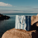 Sac rayé bleu et blanc sur un rocher