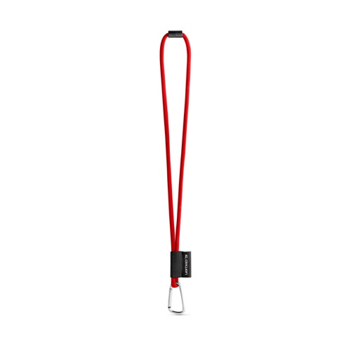 Sangle rouge avec mousqueton métallique.