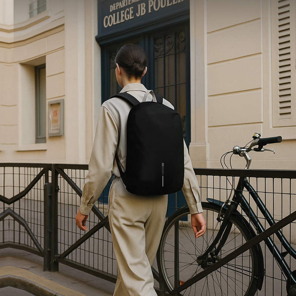 Personne marchant avec sac à dos noir