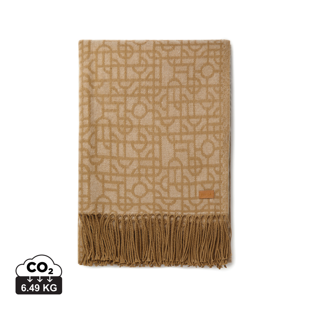 Plaid beige à motifs géométriques avec franges