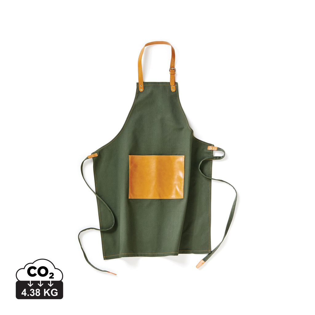 Tablier vert avec poche en cuir marron