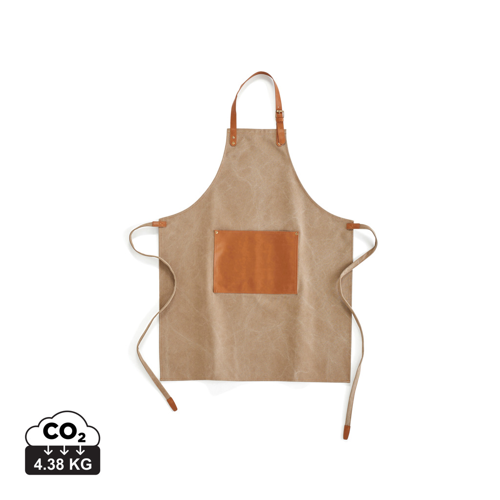 Tablier beige avec poche en cuir marron