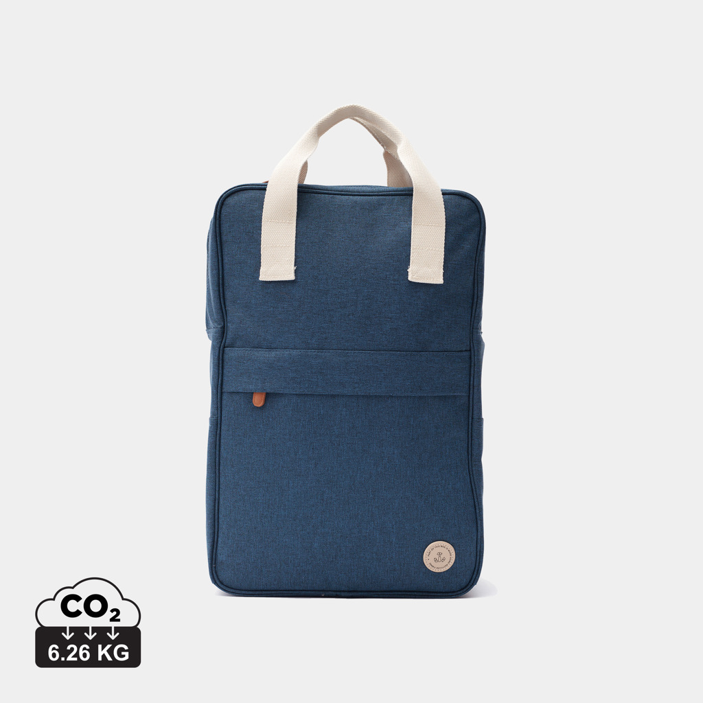 Sac à dos bleu en toile avec anses beiges