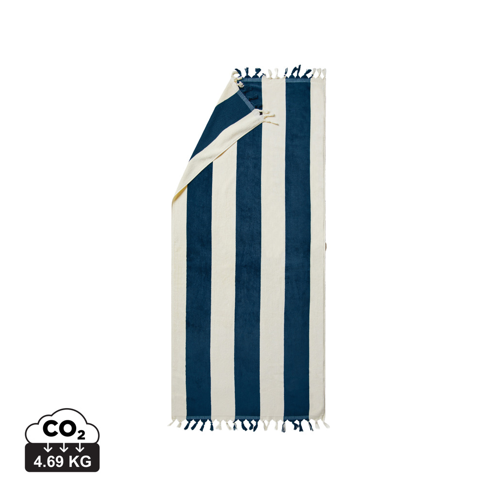 Serviette rayée bleue et blanche à franges