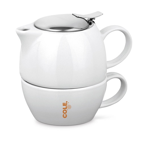 Théière blanche empilée sur tasse assortie